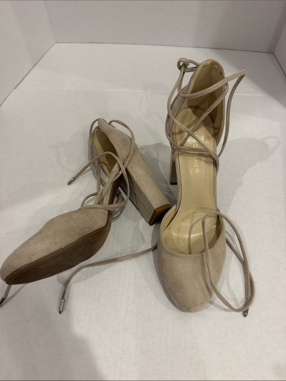 Women's Beige Suede Lace-Up Block Heel Pumps